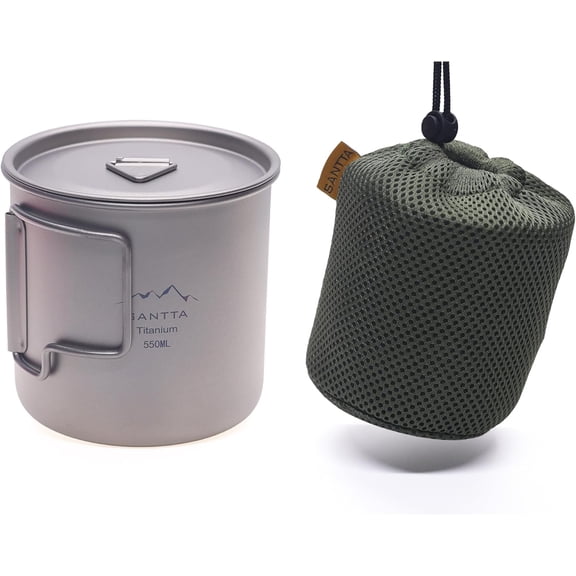 Camp Cup MUG with Lid & Pouch, 18.6 oz Ultra Light Titanium Cup with Foldable Handle Camping Mug 550mL