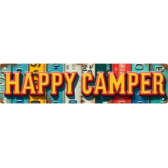 Camp Decor Tin Sign 16x4 Inch Happy Camper Design - Ideal for Cabin, Patio, Outdoor Camping Decor