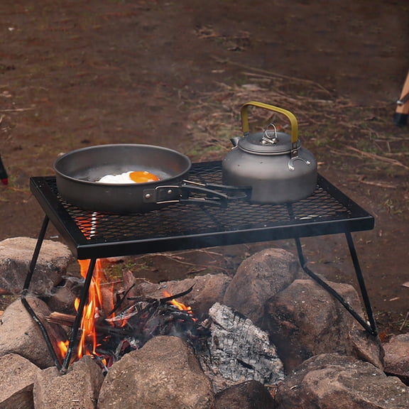 Camp Fire Cooking Rack Folding Heavy Duty For Outdoor Bbq Camping Campfire Grill Grate (Black)