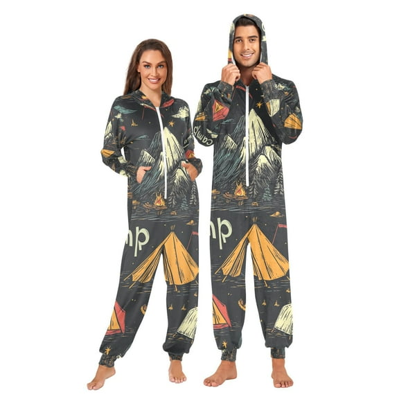 Camp Fire Trees Adult Onesie Pajamas Slim Fit Christmas One Piece Suit Pjs for Women and Men Hooded Zipper
