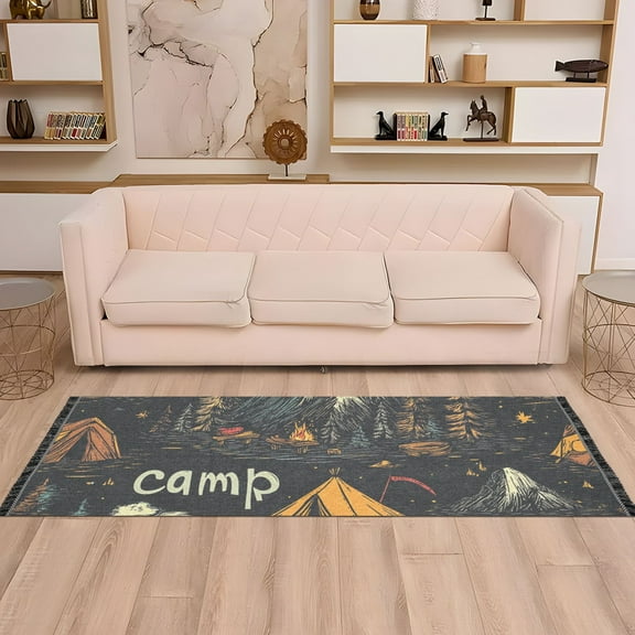 Camp Fire Trees Runner Rug Non-Slip Area Rugs Linen Washable Non Shedding for Kitchen Bedroom Carpet