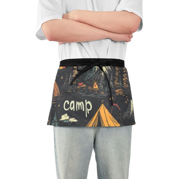 Camp Fire Trees Waist Apron Adjustable Server Half Apron Kitchen Cooking with 3 Pockets for Men Women