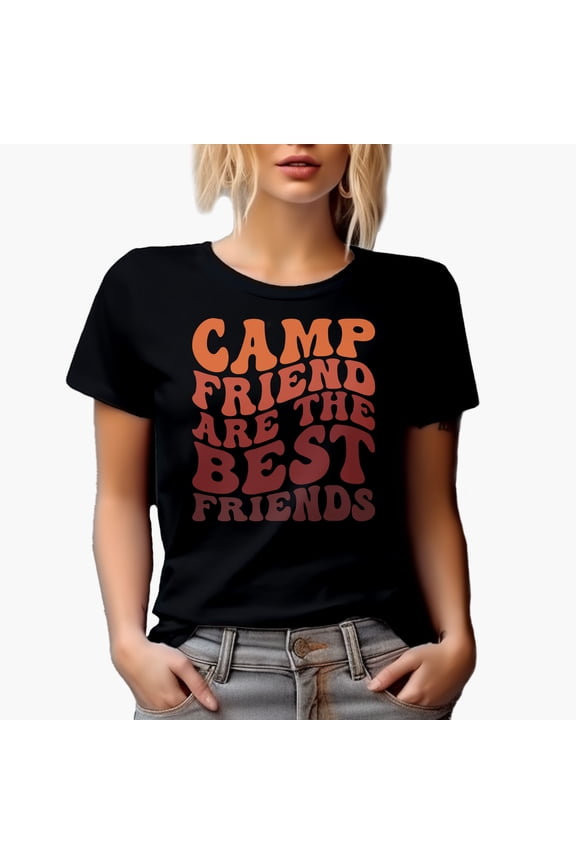 Camp Friend Are the Best Friends, Camper or Camping Quote, Groovy Retro Wavy Text Merch Gift, Black T-Shirt, Large