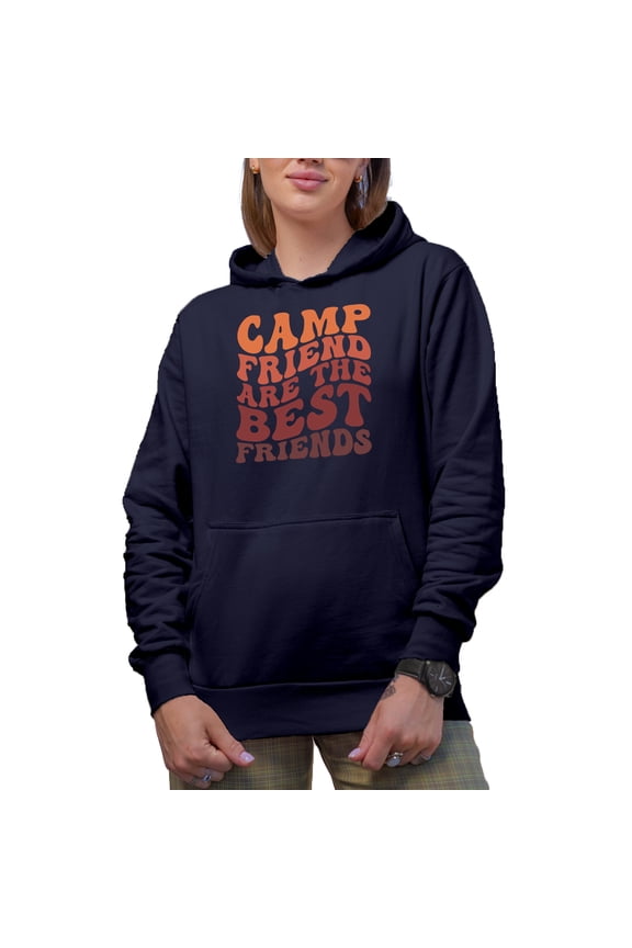 Camp Friend Are the Best Friends, Camper or Camping Quote, Groovy Retro Wavy Text Merch Gift, Navy Blue Hooded Sweatshirt or Hoodie, Medium