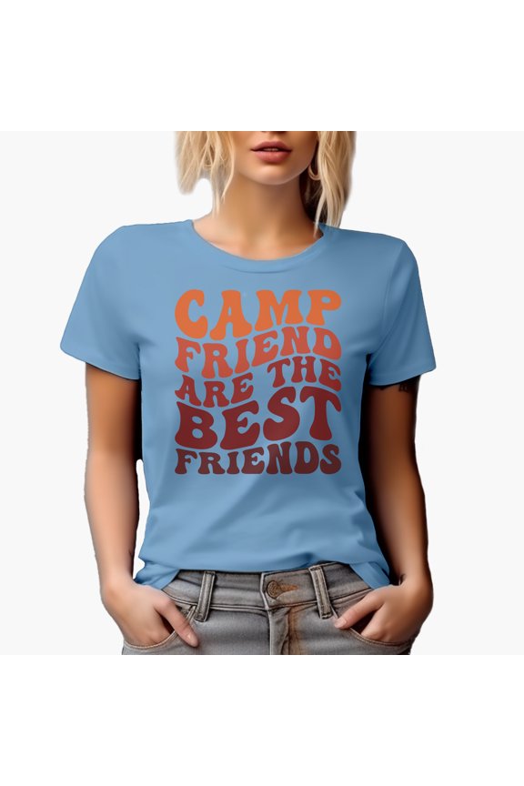 Camp Friend Are the Best Friends, Camper or Camping Themed Quote, Groovy Retro Wavy Text Merch Gift, Baby Blue T-Shirt, Small