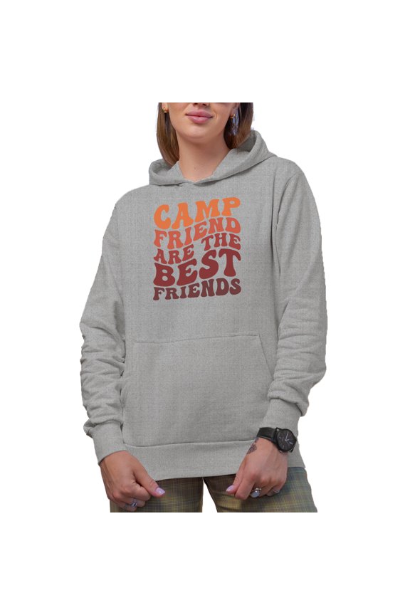 Camp Friend Are the Best Friends, Camper or Camping Themed Quote, Groovy Retro Wavy Text Merch Gift, Heather Grey Hooded Sweatshirt or Hoodie, Large