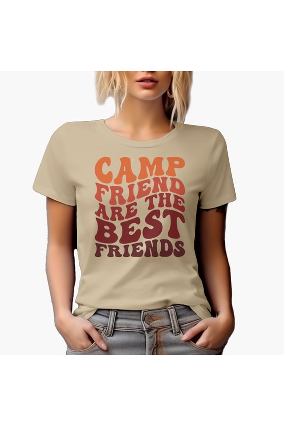 Camp Friend Are the Best Friends, Camper or Camping Themed Quote, Groovy Retro Wavy Text Merch Gift, Tan T-Shirt, Medium