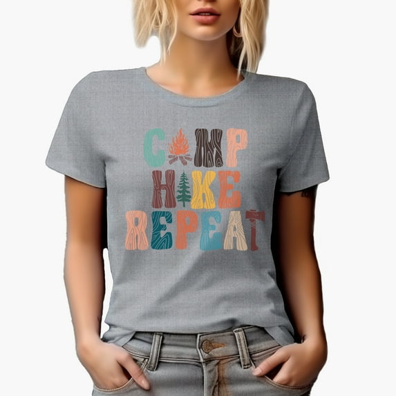 Camp, Hike, Repeat Art Merch Gift, Heather Grey T-Shirt, Medium
