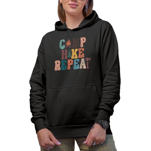 Camp, Hike, Repeat with Bonfire & Pine Tree Art Merch Gift, Black Hooded Sweatshirt or Hoodie, Small