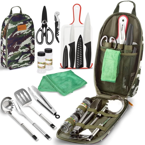 Camp Kitchen Cooking Utensil Set Travel Organizer Grill Accessories Portable Compact Gear For Backpacking Bbq Camping Hiking Cookware Kit Water Resistant Case