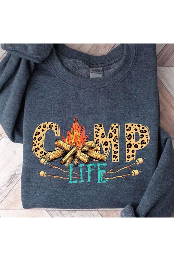 Camp Life Rustic Bonfire Leopard Print Design for Sublimation TSHIRT All Size S-5XL