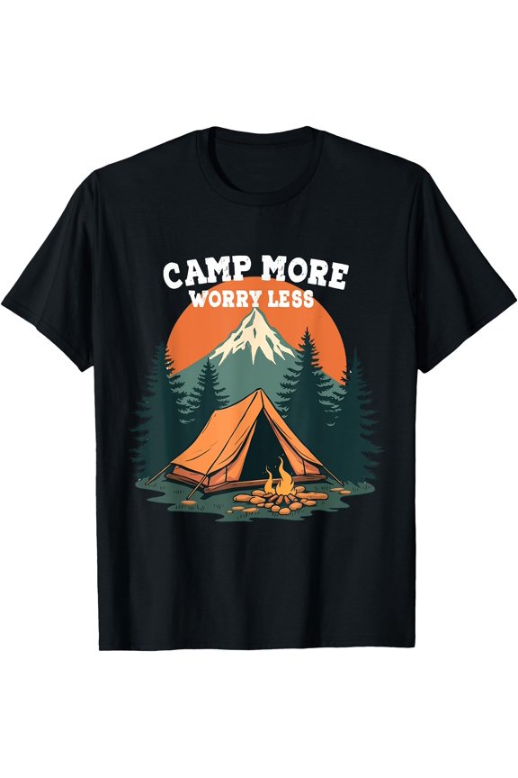 Camp More Worry Less Camping-themed Retro Design T-Shirt