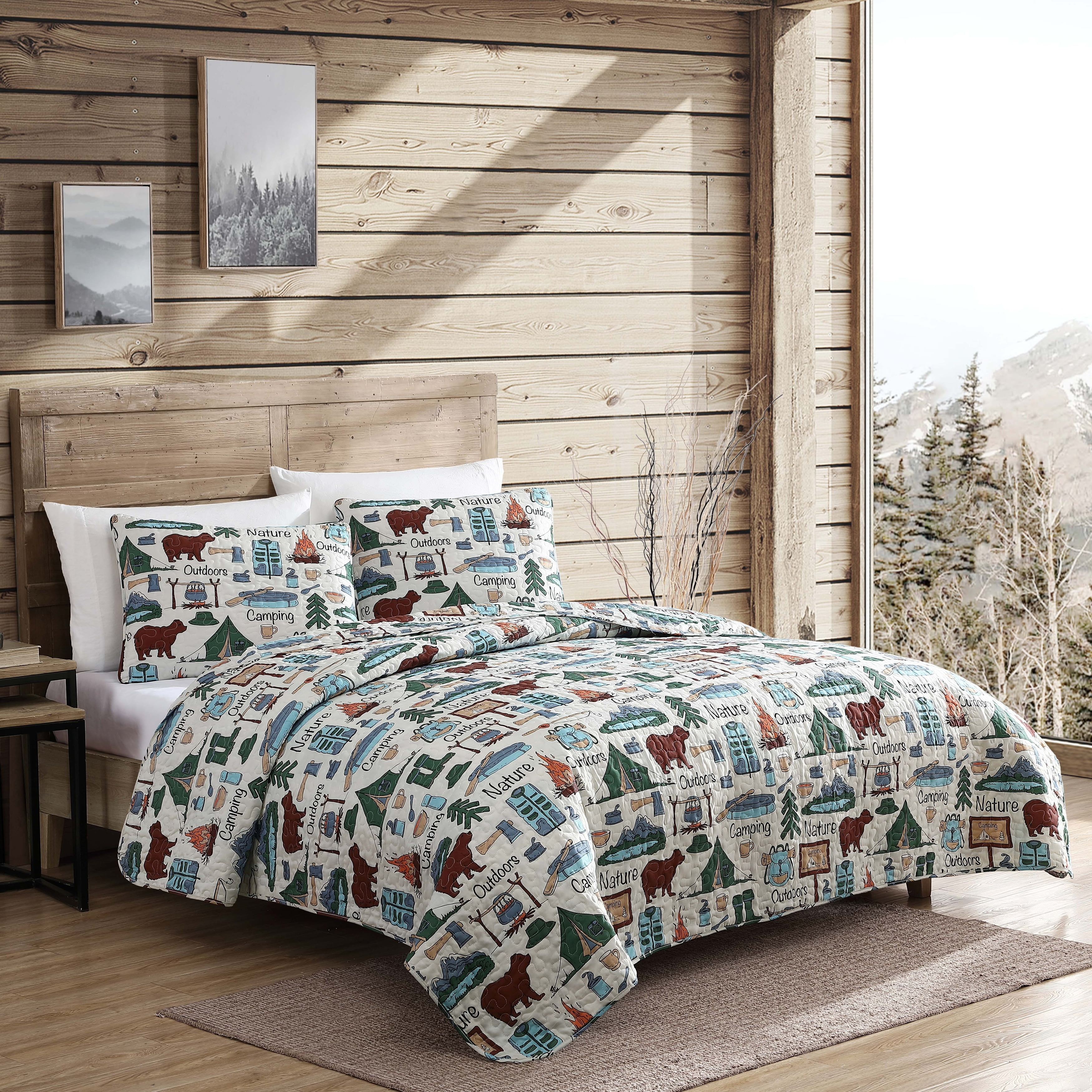 King Size Blue Polyester Camping-Themed Quilt Set