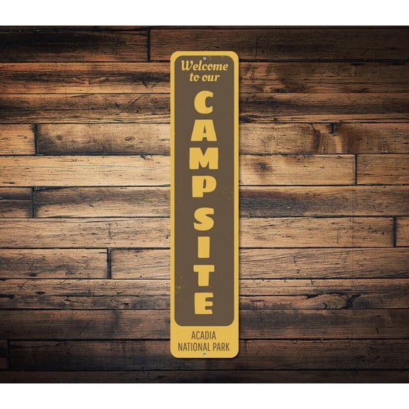 Camp Site Vertical Sign Welcome National Park Location Name Gift Custom Camping Cabin Decor Camper Only - Size: 16 x 4 Inches