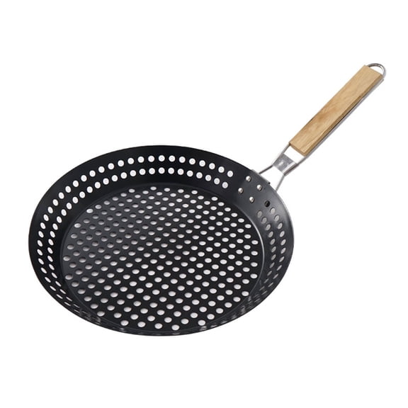 Portable Outdoor Fry Pan 12 Inch Grill Plate with Drain Holes, Nonstick Iron Body Foldable Wooden Handle Gear