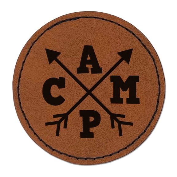 Camp Stylized with Arrows 2.5" Faux Leather Round Engraved Iron-On Patch - Brown