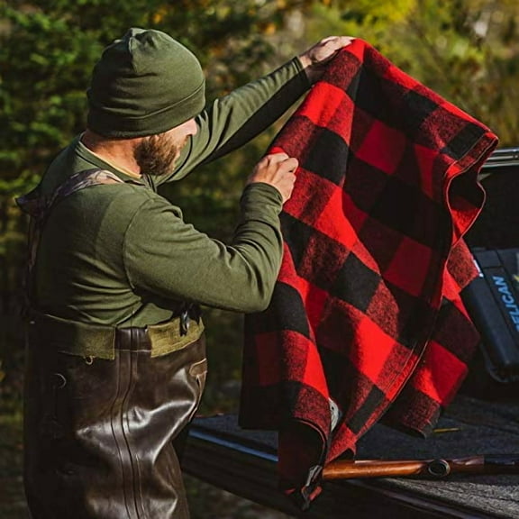 Camp Throw Blanket - 80% Recycled Wool - Buffalo Plaid - Warm Throw Blanket - Thick - Washable - 62W x 80L - Red and Black Plaid
