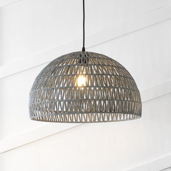 JONATHAN Y Campana 20" 1-Light Bohemian Modern Woven Rope/Iron LED Pendant, Gray