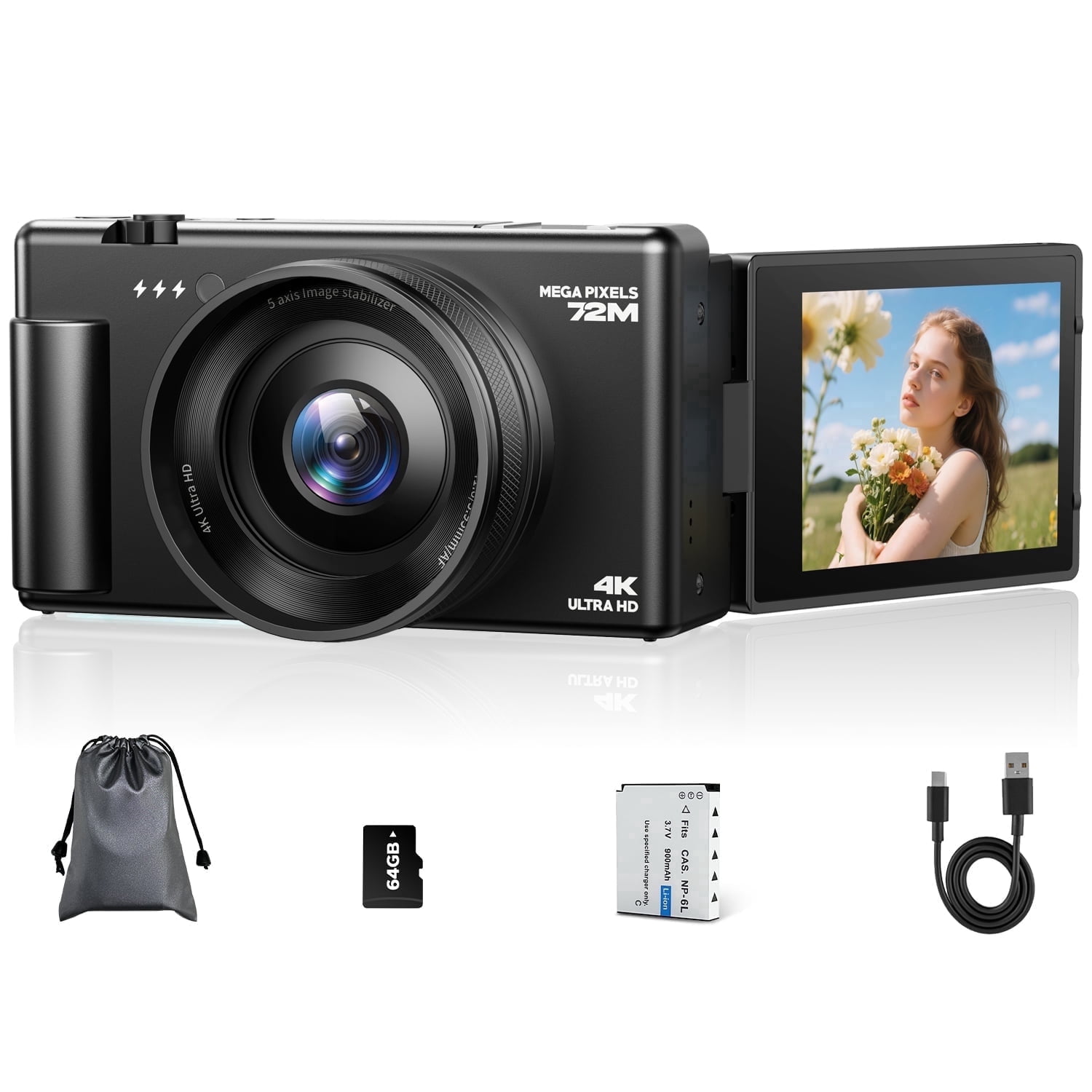Campark 72MP Digital Camera 4K Vlogging Camera for YouTube with 64GB Card 3'' 270° Flip Screen 18x Zoom