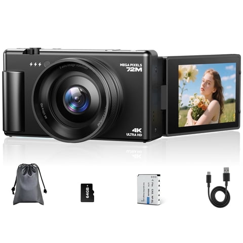 Campark 72MP Digital Camera 4K Vlogging Camera for YouTube with 64GB Card 3'' 270° Flip Screen 18x Zoom