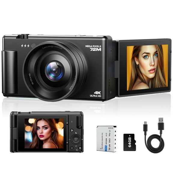 Campark AC18 72MP Digital Camera 4K/30FPS Video with 18x Zoom, 64GB Card for Beginners