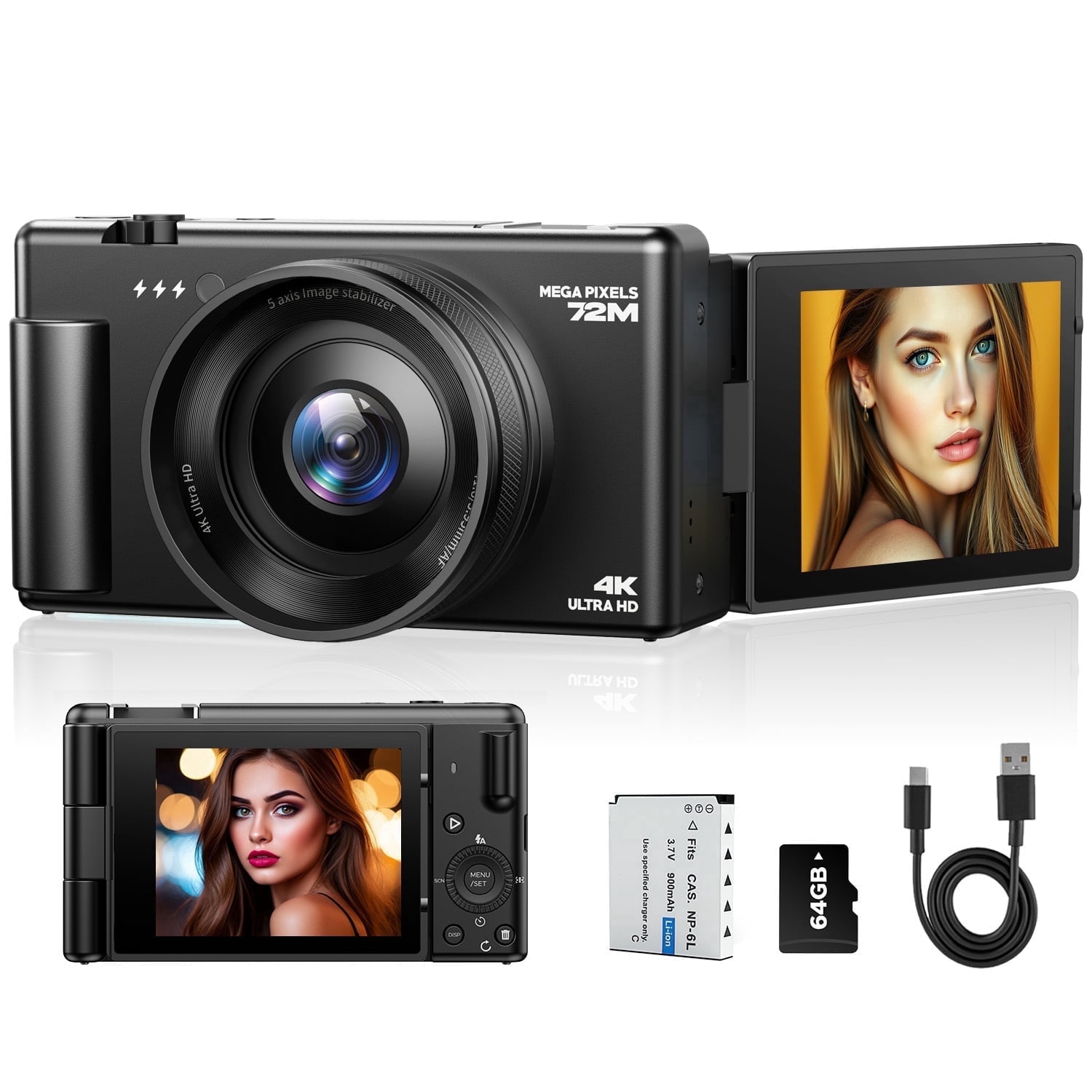 Campark Digital Camera 4K 72MP Vlogging Camera for YouTube with 64GB Card 3'' 270° Flip Screen 18x Zoom Video Cameras for Beginners