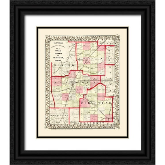 Campbell 20x24 Black Ornate Wood Framed with Double Matting Museum Art Print Titled - Sangamon Logan Christian Illinois - Campbell