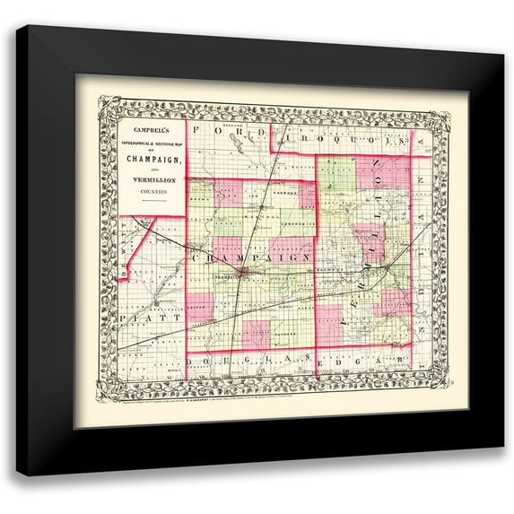Campbell 23x20 Black Modern Framed Museum Art Print Titled - Champaign Vermillion Illinois - Campbell 1850