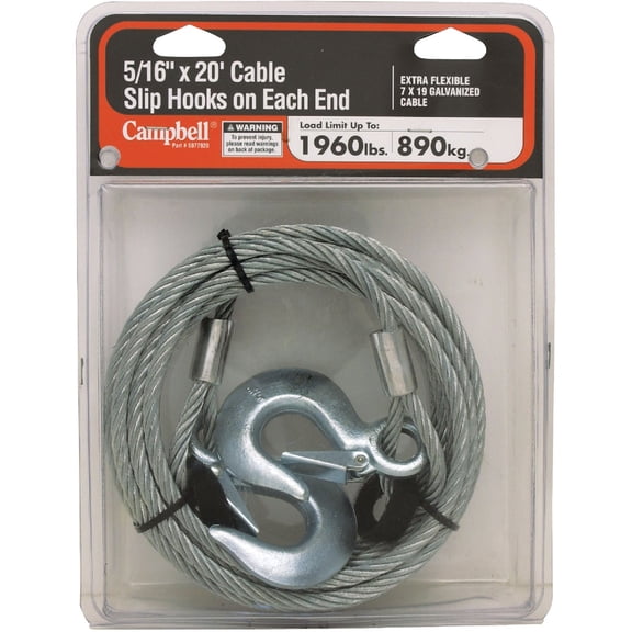 Campbell 5977920 Uncoated Tow Cable with Slip Hooks on Each End in Clamshell, 5/16" Diameter, 20' Length, 1960 lbs Working Load Limit