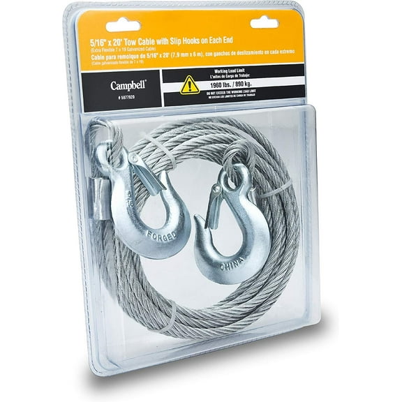 Campbell 5977920 Uncoated Tow Cable with Slip Hooks on Each End in Clamshell, 5/16" Diameter, 20' Length, 1960 lbs Working Load Limit