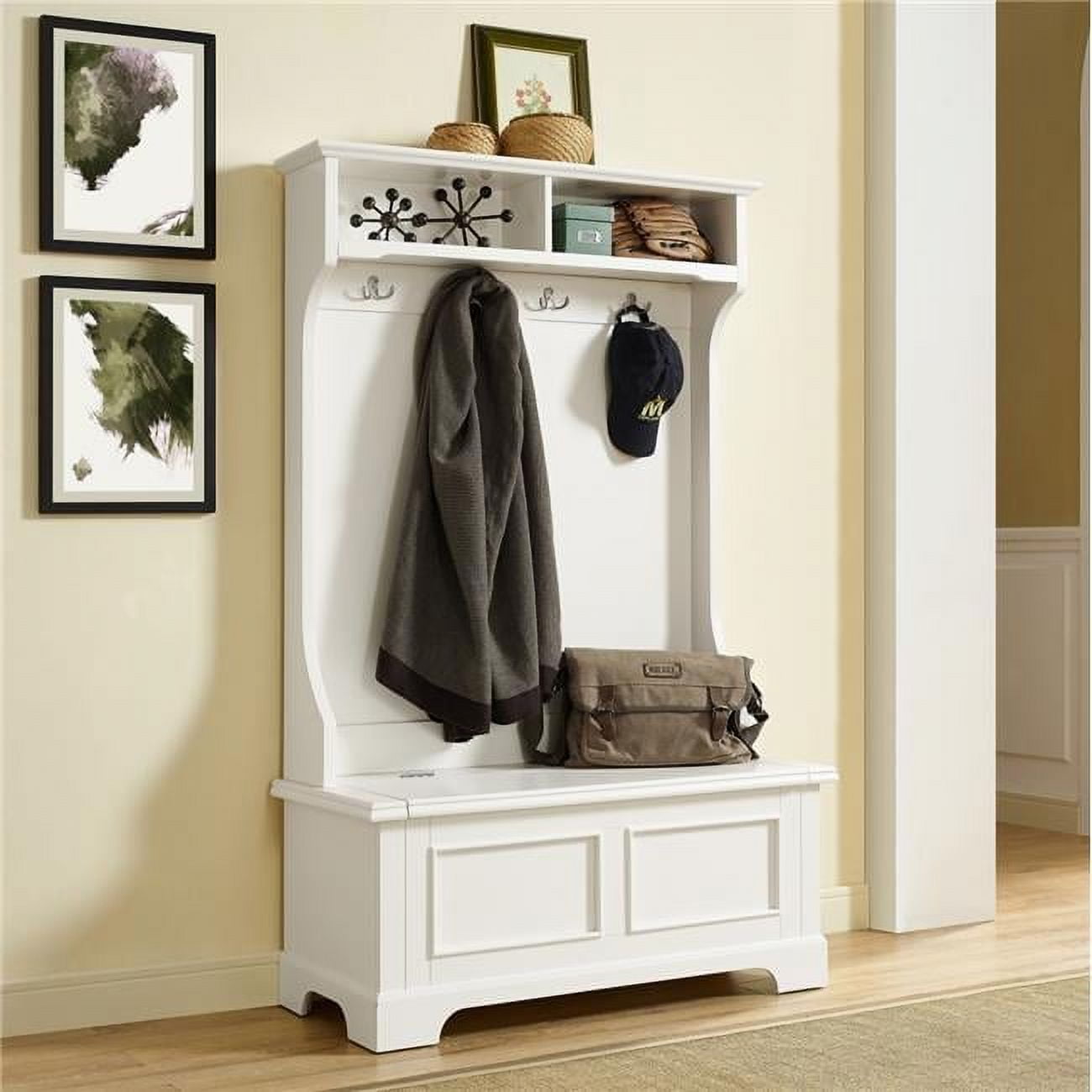 White Hall Tree with Storage Bench and Hooks