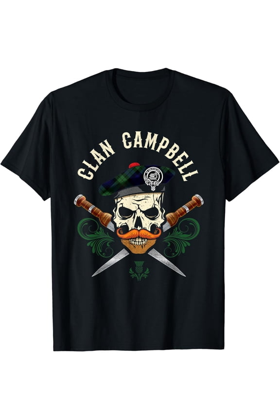 Campbell Surname Scottish Clan Skull Tam Dirks Tartan Badge T-Shirt