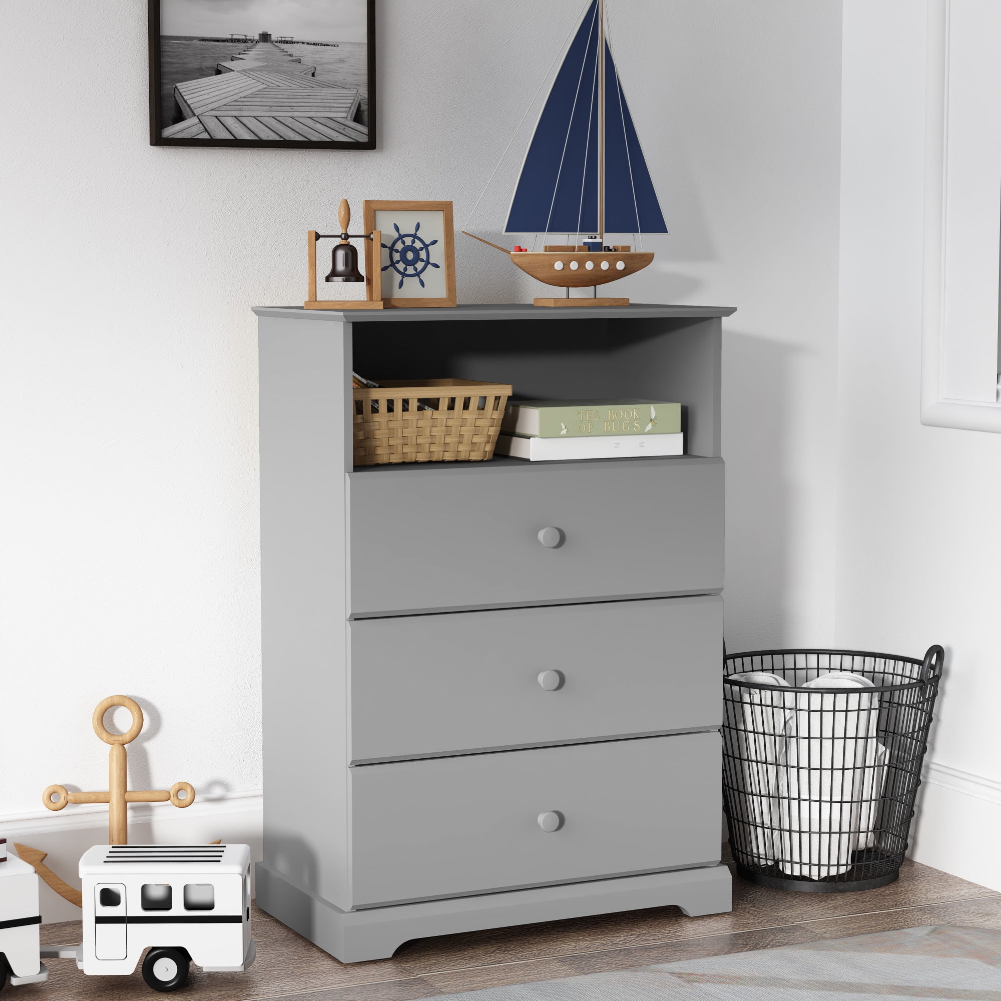 Campbell Wood 3 Drawer Kids Dresser with Storage Shelf Gray