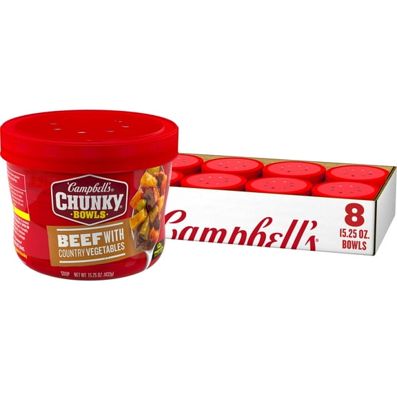 (8 pack) Campbell's Chunky Soup, Beef Soup with Country Vegetables, 15.25 oz Microwavable Bowl