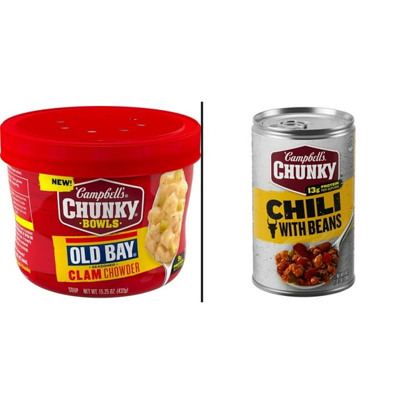 Campbell's Chunky Chili with Beans 19 Oz & OLD BAY Seasoned Clam Chowder 15.25 Oz Microwavable Bowl