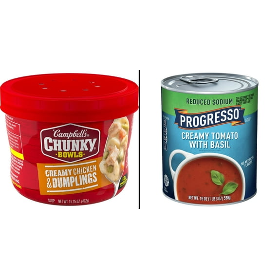 Campbell's Chunky Creamy Chicken & Dumplings 15.25 oz & Progresso Reduced Sodium Creamy Tomato Basil 19 oz