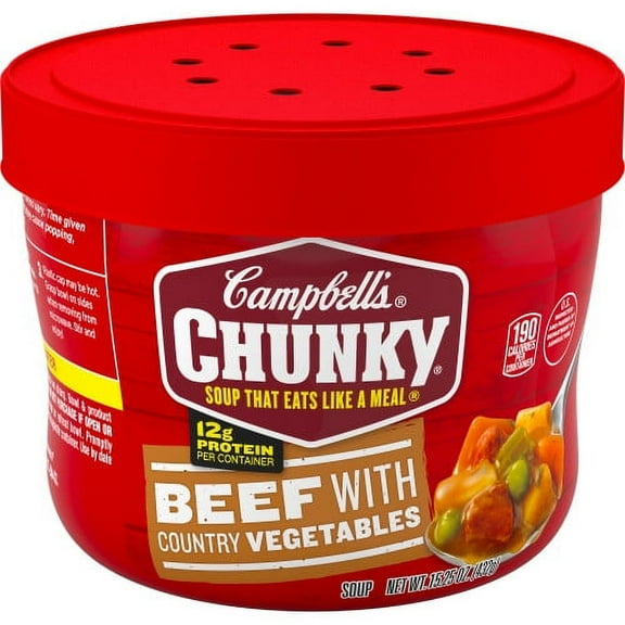 Campbell's Chunky Microwavable Soup, Beef with Country Vegetables Soup, 15.25 Ounce Bowl (Pack of 24)