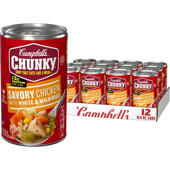 (12 pack) Campbell's Chunky Soup, Ready to Serve Savory Chicken with White and Wild Rice Soup, 18.8 oz Can