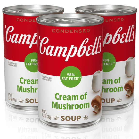 Campbell's Condensed 98% Fat Free Cream of Mushroom Soup, 10.5 oz Can (3-Pack Combo) – Guilt-Free Creamy Comfort