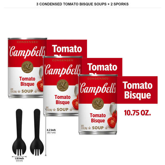 Campbell's Condensed Tomato Bisque Soup, 3 Count, 10.75 oz Each with 2x Individually Wrapped Sporks