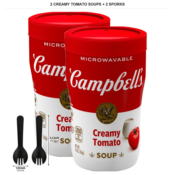 Campbell's Sipping Soup Creamy Tomato Soup, 2 Count, 11.1 oz Each with 2x Individually Wrapped Sporks