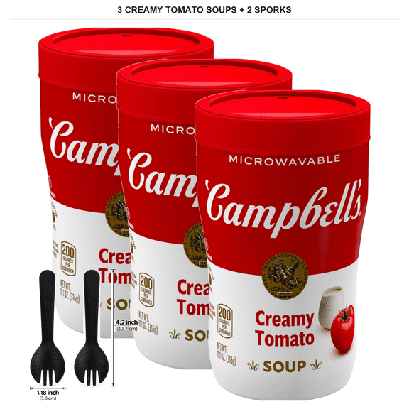 Campbell's Sipping Soup Creamy Tomato Soup, 3 Count, 11.1 oz Each with 2x Individually Wrapped Sporks
