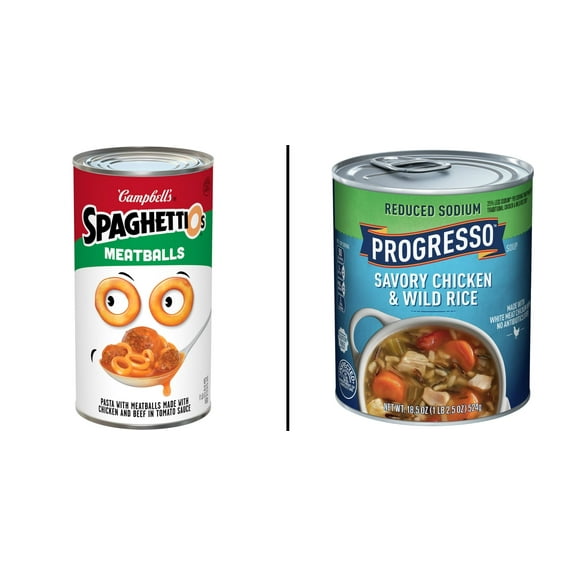 Campbell's SpaghettiOs Canned with Meatballs 22.2 oz & Progresso Reduced Sodium Savory Chicken & Wild Rice 18.5 oz