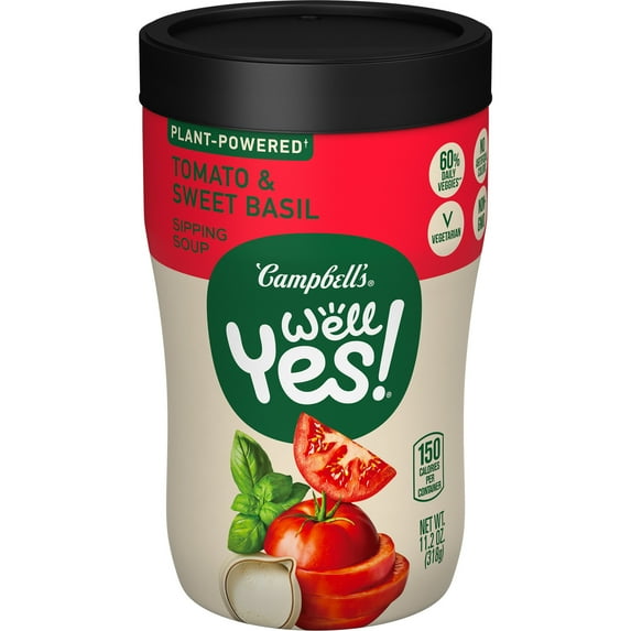 Campbell's Well Yes! Sipping Soup, Tomato and Sweet Basil Soup, Vegetarian Soup, 11.2 oz Microwavable Cup