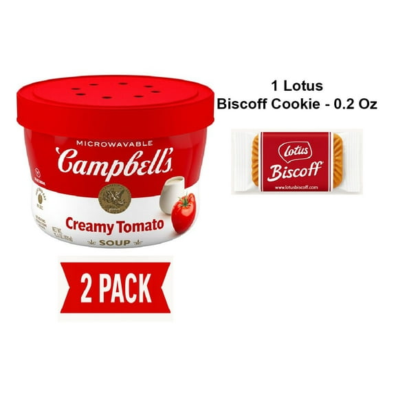 Campbells Creamy Tomato Soup, 15.4 Oz Microwavable Bowl - Pack Of 2 & Lotus Biscoff Cookie - 0.2 Oz - 1 ct