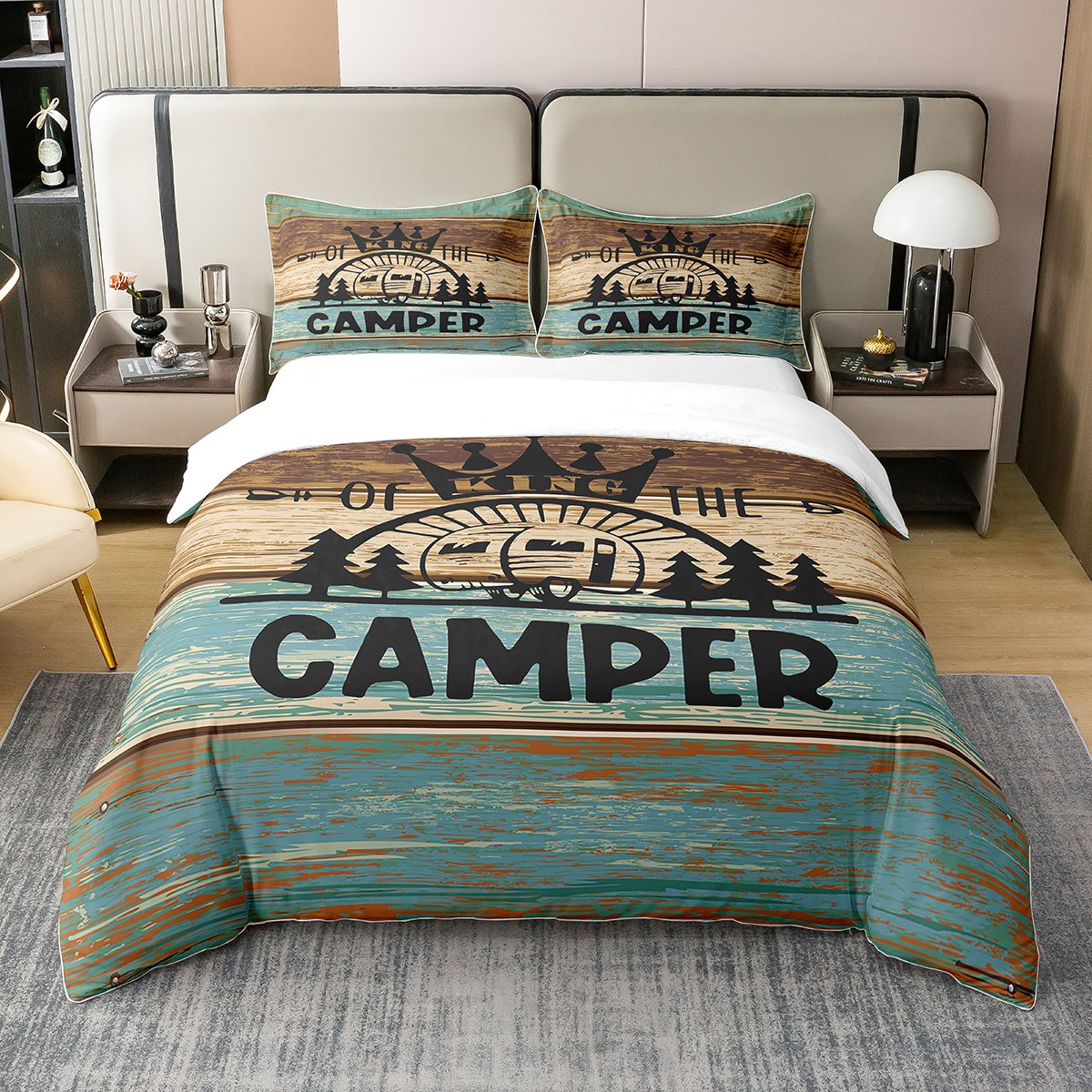 Camper 100 Cotton Duvet Cover,Camping Themed Bedding Set for Travel
