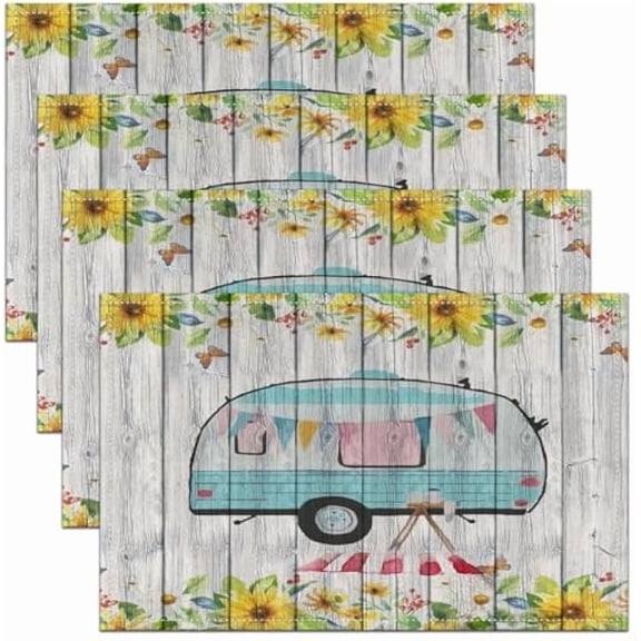 Camper 18"x12" Placemats Dining Table Happy Camping Table Place Mats Kids RV Camping Placemat Kitchen Dining Table Farmhouse Trailers Camper Wood Grain Red White Table Mats Kitchen Decor Room Decor