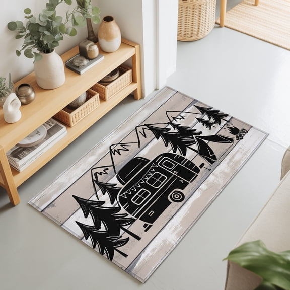Camper 2'x3' Rug for Entryway Front Door Kitchen Sink Area, Mountain Pine Trees Tent Forest Rustic Nature Low Pile Washable Non Slip Rectangle Area Rug
