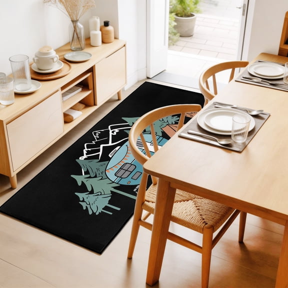 Camper 2'x6' Runner Rug for Hallway Walkway Kitchen Galley, Home Mountain Pine Trees Tent Forest Rustic Nature Low Pile Washable Non Slip Long Area Rug