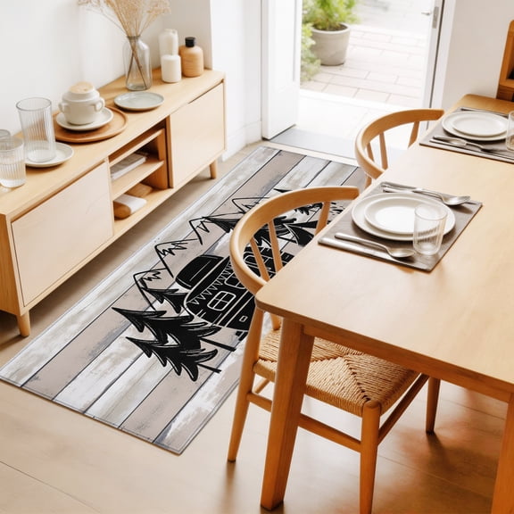 Camper 2'x6' Runner Rug for Hallway Walkway Kitchen Galley, Mountain Pine Trees Tent Forest Rustic Nature Low Pile Washable Non Slip Long Area Rug